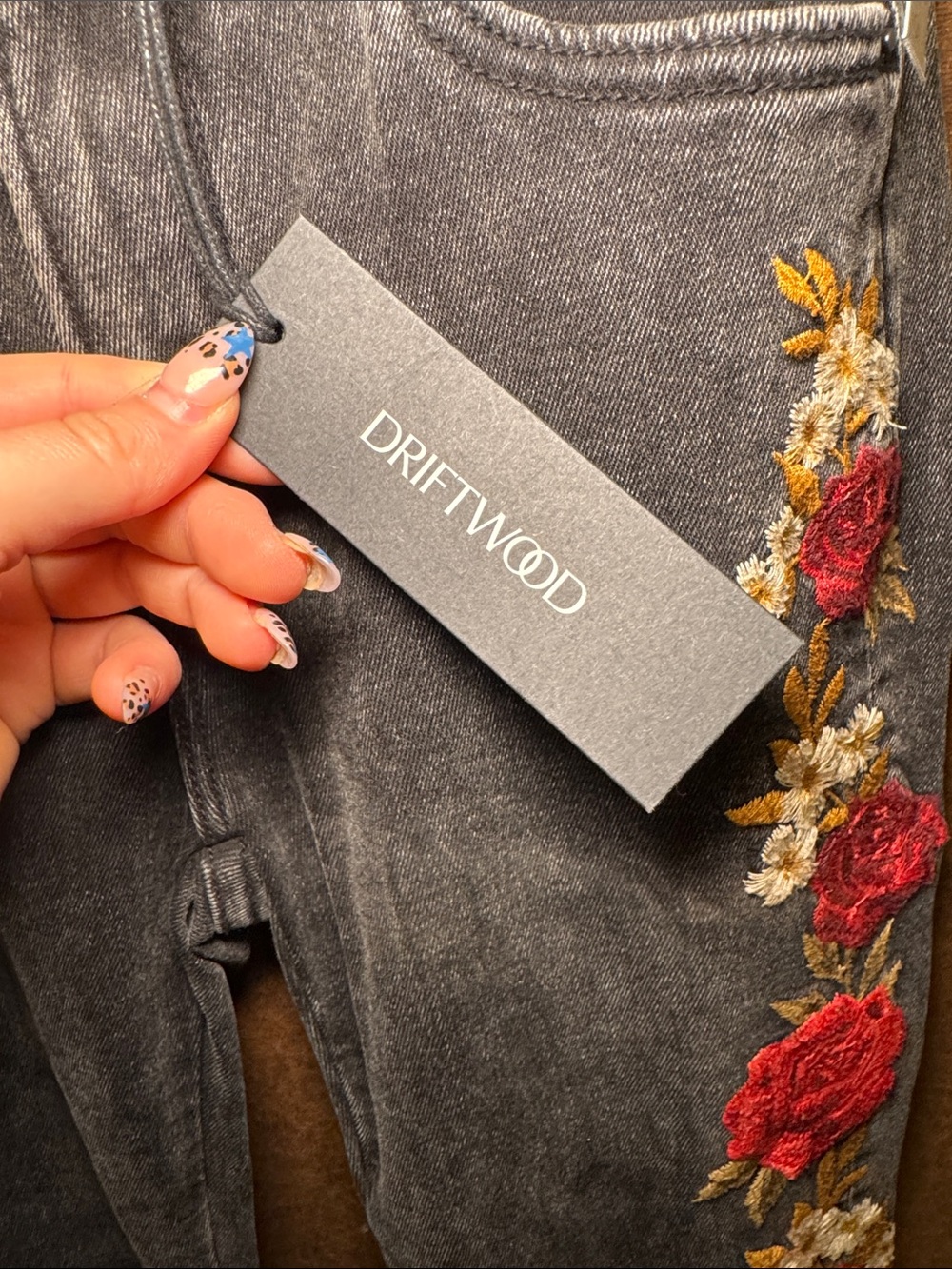 DRIFTWOOD Black Flare Jeans with Red & White Floral Embroidery - Picture 4 of 4